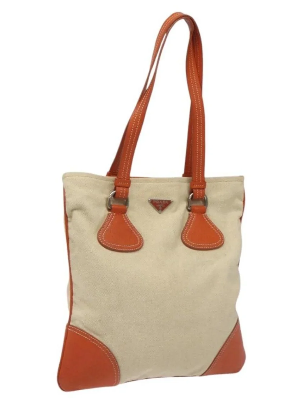 PRADA Hand Bag Canvas Beige Silver Auth EC559